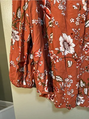 Loft Women's Size Large Petite Blouse Orange White Floral Button Down Ruffle‎ thumbnail 6