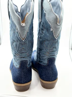 C. Est 1946 Denim Two-Tone Cowboy Heeled Boots Blue Wide Calf Size 7 thumbnail 4