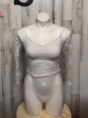 SHEIN Sheer White Lace Crop Top Womens Extra Small Long Sleeve Off Shoulder thumbnail 1