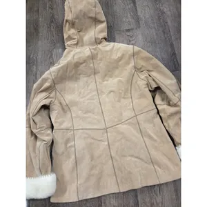 NEW YORK CLASSICS Tan Plush Lined Hood Genuine Suede Leather Coat Jacket Large thumbnail 6