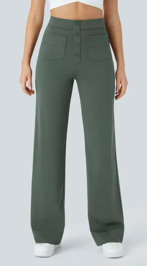 Halara Womens Day Stretch High Waisted Straight Leg Pants Sz M Green Pull On thumbnail 1