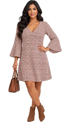 MAEVE Women’s Size L Textured Tweed V-Neck Bell Sleeve A-Line Dress thumbnail 1