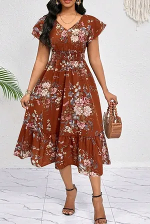 Brown Floral V-Neck Waist-Defining Ruffle Hem Midi Dress thumbnail 1