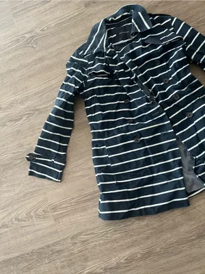 Banana Republic Double Breasted Cotton Trench Coat Womens MP Navy White Striped thumbnail 3