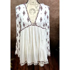 Free People Embroidered Diamond Top Mini Dress Cream Burgundy size S thumbnail 10