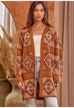 Savanna Jane Southwestern Sweater Brown Coastal Cowgirl Pattern Cardigan Large thumbnail 1