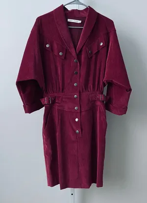 Rebecca Minkoff Western Cowgirl Western Corduroy Belted Mini Dress M Burgundy thumbnail 1