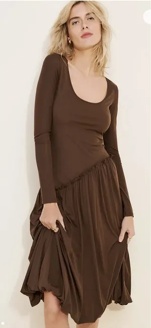 Saemdi Jeanette Drop-Waist Midi Dress Brown Size XS Bubble Hem Tencel thumbnail 1