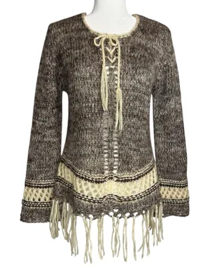 Folk Mohair‎ Blend Fringe Sweater L Boho Lace Up Knit Large Earthy Tribal Boho thumbnail 1