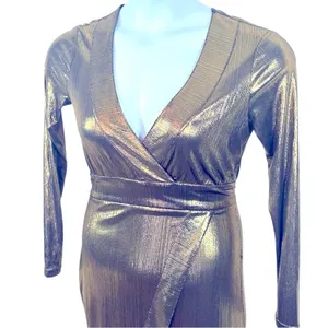 Lulu’s Metallic Gold Faux Wrap Asymmetrical Party Dress Semi Sheer Small Glam thumbnail 6