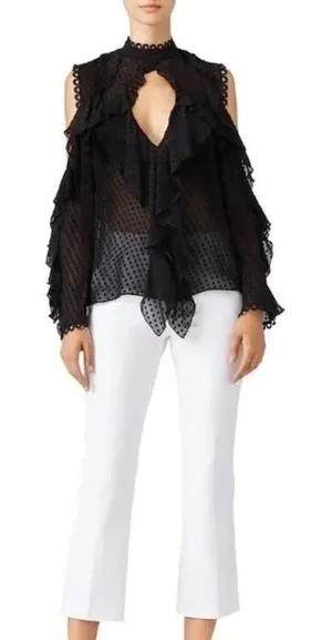 NICHOLAS Navy Blue Swiss Dot Cutout Cold Shoulder‎ Top Blouse Ruffle Size 0 thumbnail 1