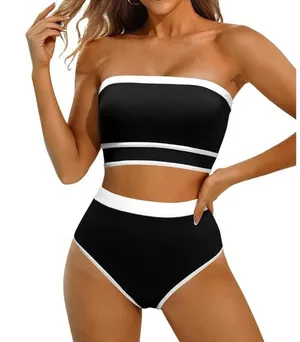 Yonique Bandeau Bikini Strapless Swimsuit Two Piece High Waisted MEDIUM thumbnail 1
