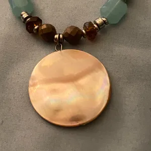 14” To 18” Necklace Round Pearlescent Pendant Beaded Chain Blue Brown Red Boho thumbnail 3