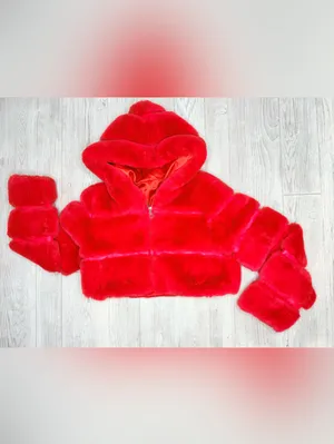 Red fluffy faux fur red long sleeve hooded cropped jacket coat small thumbnail 2
