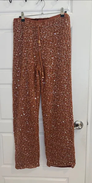 Sequin Crochet Wide Leg Pants Boho Festival Resort Rust Size M thumbnail 1