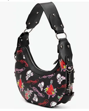 🔥 NWT Ed Hardy Y2K Tattoo Print Studded Hobo Bag Black 🖤 thumbnail 4