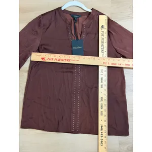 Goldray Studded V-Neck Blouse Brown M Womens Long Sleeve Satin Top NEW thumbnail 5