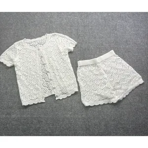 Women's Crochet 2 PC Beach Swim Coverup Set Short Sleeve & Shorts Sexy White XS thumbnail 3