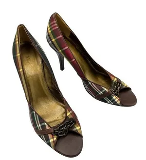 J.‎ Crew Plaid Peep Toe Heels Brown Red Green Chain Detail Stiletto Size 9.5 thumbnail 1