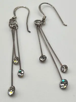 925 Sterling Silver Triple Strand Rhinestone Drop Earrings‎ Linear Tiered Dangle thumbnail 1