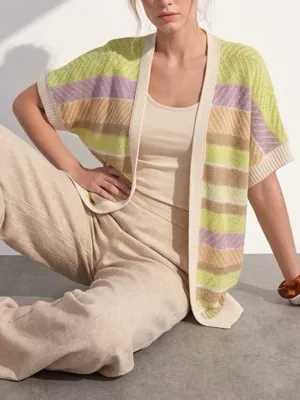 NEW Very J Open Front Cardigan Sweater SMALL Short Sleeve Striped Pastel Beige thumbnail 1