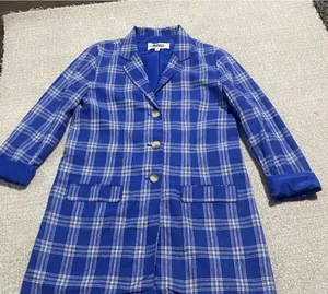 BB Dakota Steve Madden Women's Blue White Plaid Long Blazer Jacket Collared S thumbnail 1