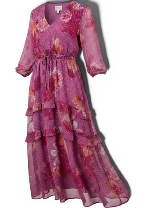 Destination 365 Maxi Dress Womens M Floral Swiss Dot Tiered Ruffle‎ Pink EUC thumbnail 1