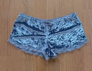 Dolls Kill NWOT Velvet velour grey lace trimmed lounge shorts thumbnail 1