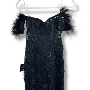 NEW Lulus Midnight Sparkle Black Embroidered Feather Bustier Maxi Dress XS thumbnail 11