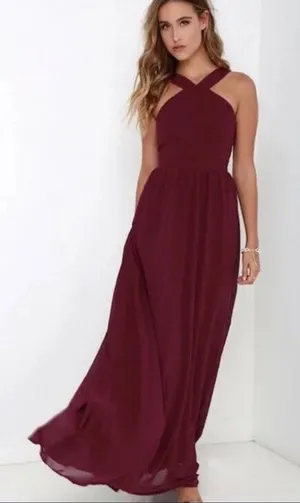 LuLus Wmns Magenta Flowy Maxi Lined Halter Air of Romance Dress Sz L Bridesmaid thumbnail 1