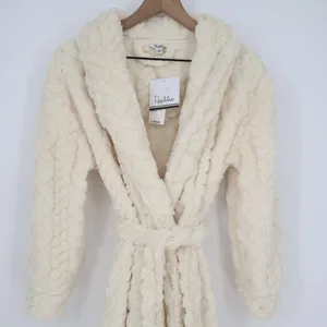 Roudelain Wrap Bathrobe Womens S White Fleece Cable Knit Shawl Collar Belt Waist thumbnail 4