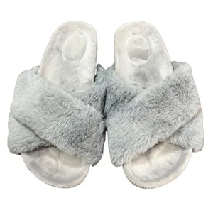 Fitory Slippers Womens Size 7 Gray Cross Band Plush Slip On Slides Cozy‎ Casual thumbnail 3