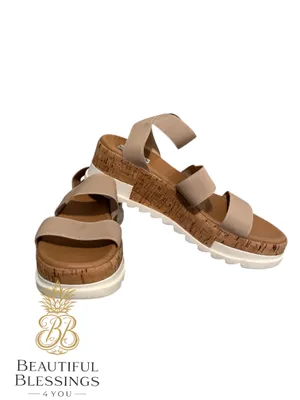 Steve Madden platform Sandals Women 8.5 Beige Elastic Strap Cork Wedge Comfort thumbnail 4