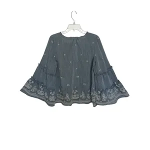 Anthropologie Fig & Flower Blue Embroidered Peasant Top Tiered Bell Sleeve L thumbnail 2
