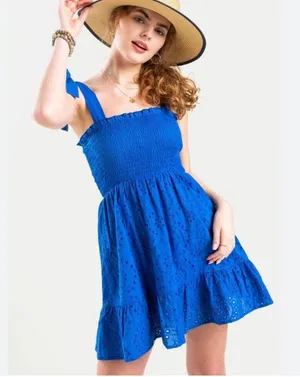 Francesca's Blue Smocked Eyelet Dress thumbnail 1