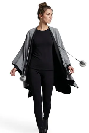 Andrew Marc New York Charcoal/White Poncho with Faux Fur Closure thumbnail 1