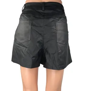 Women's Black Coated Faux Vegan Leather High Waist Wide Leg Mini Shorts Size L thumbnail 3
