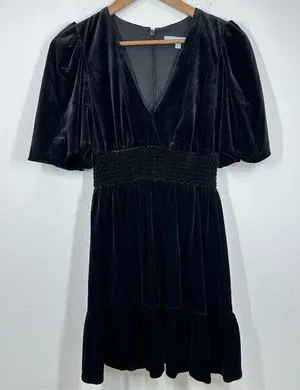 Antonio Melani Women's Size 2 Black Velvet V Neck Dress Puff Sleeve Ruffle‎ Hem thumbnail 1