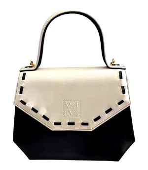 Vintage Madras Leather Crossbody Bag Top Handle Navy Blue Cream M logo thumbnail 1