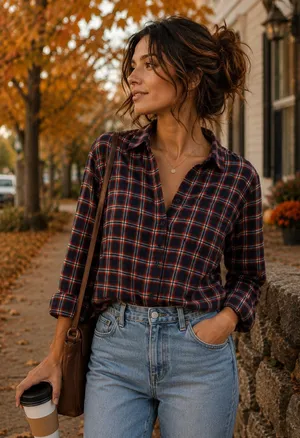 H&M LOGG Plaid Flannel Shirt Womens 6 Red Blue Buffalo Check Grunge Casual Top thumbnail 1