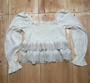 American Eagle‎ Cream Smocked Eyelet Peplum Top Long Sleeve Square Neck Large thumbnail 1