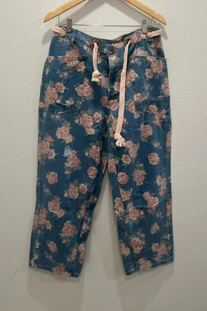 Floral Print Women's Jeans with Pink Rope Tie by BiBI Size L thumbnail 1