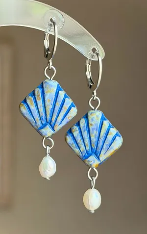 Handmade quality Czech glass beads shell & freshwater dangle earrings 🌀 thumbnail 1