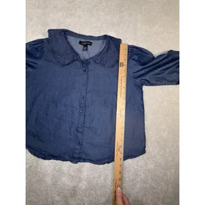 Audrey Lane brand denim blouse‎ collared puff sleeve L thumbnail 5