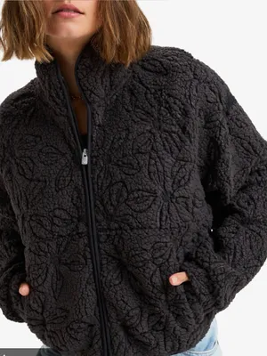 Roxy Blurry Cloud Full Zip Polar Fleece Floral Sherpa Mock Neck Black Medium NEW thumbnail 1