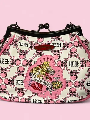 Ed Hardy Pink Skull Print Clutch with Embellished Crest Patch thumbnail 5