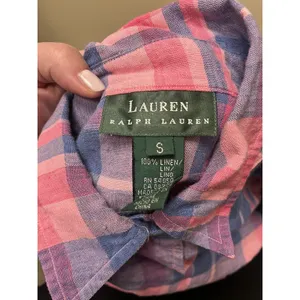 Lauren Ralph Lauren Plaid Linen Long Sleeve Monogram button down Shirt Womens S thumbnail 6