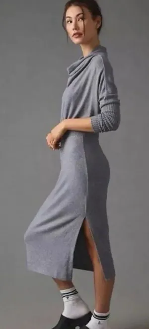 Anthropologie Daily Practice Grey Knit Karigan Cinch Waist‎ Cowl Neck Maxi Dress thumbnail 1