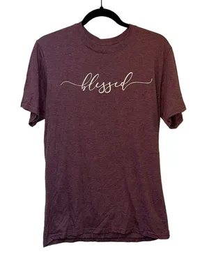 Blessed Graphic Tee‎ Medium Burgundy Christian Faith Shirt Minimalist Script Top thumbnail 1