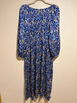 J. Crew V-neck Midi Dress in Fête Floral Print Blue Satin Long Sleeves Medium thumbnail 15